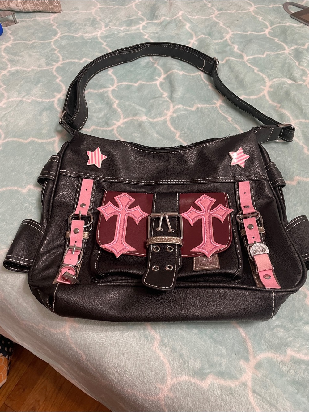 Black Shoulder Bag with Pink Cross Accents